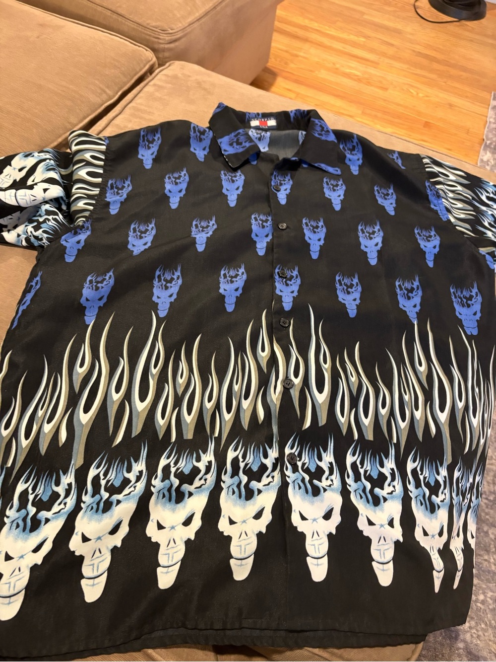 Scorpio USA Button Down Shirt Mens 3XL Black Blue Flaming Skull Graphic Y2K Good